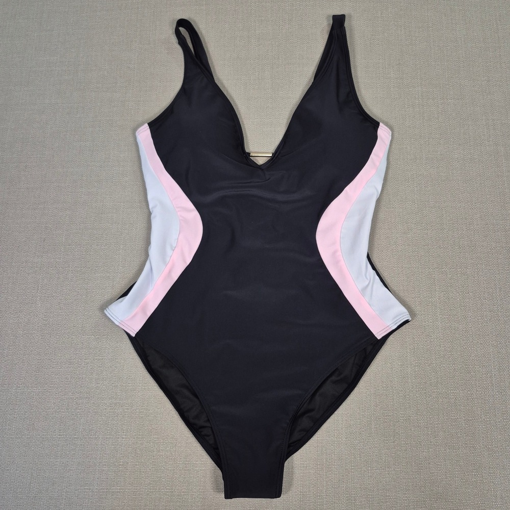 MOYIKO Women Black Colorblock Tummy Control V Neck Lace Up OnePiece Swimsuit XXL